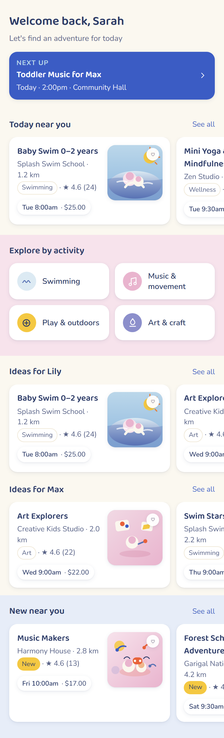 Pepi app home screen showing activities near you